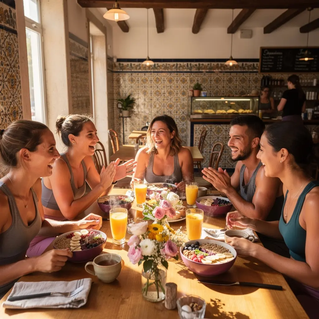 Mulher sorridente segurando um copo de chá de ervas após o treino